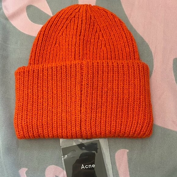 Acne Square Embroidered Face Orange Knitted Hat - Picture 2 of 6